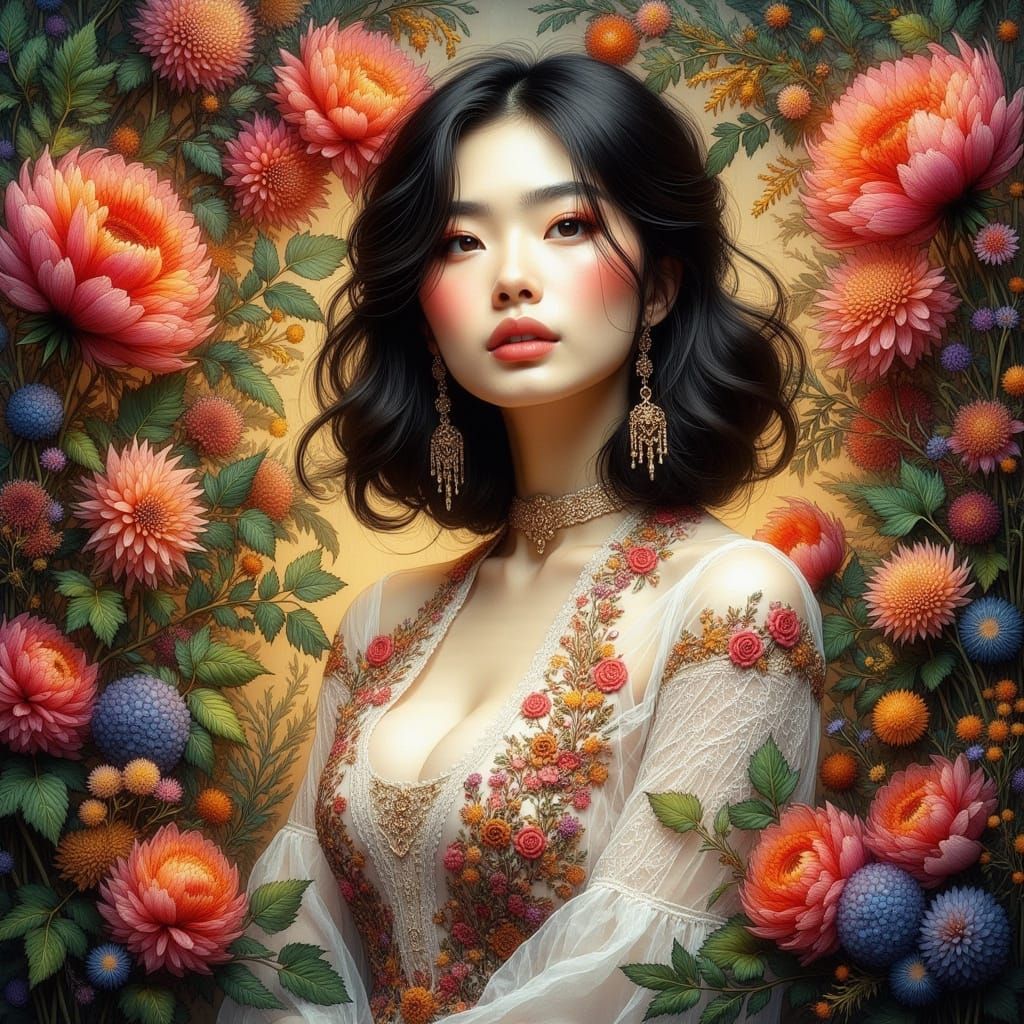 Woman Surrounded by Flowers in Art Nouveau Style