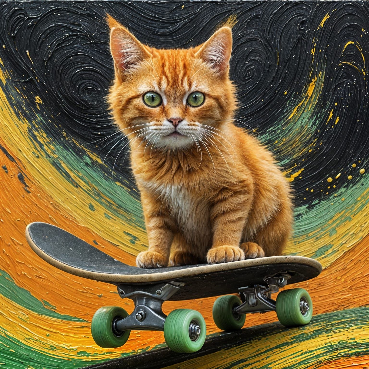 Orange Cat on Skateboard: Abstract Impasto Painting