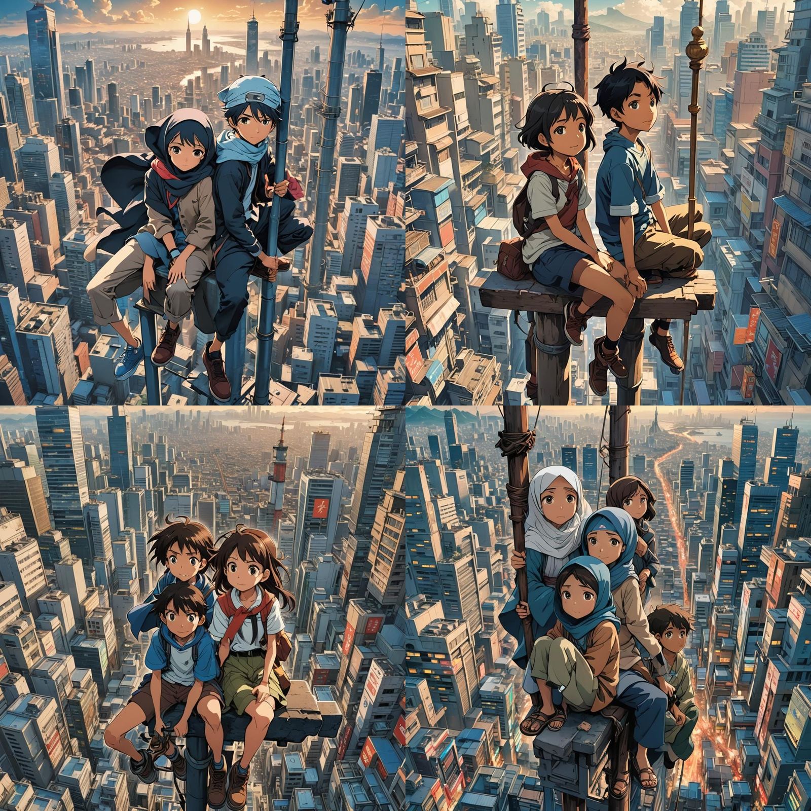 Manga Style Poster of Children in Cityscape