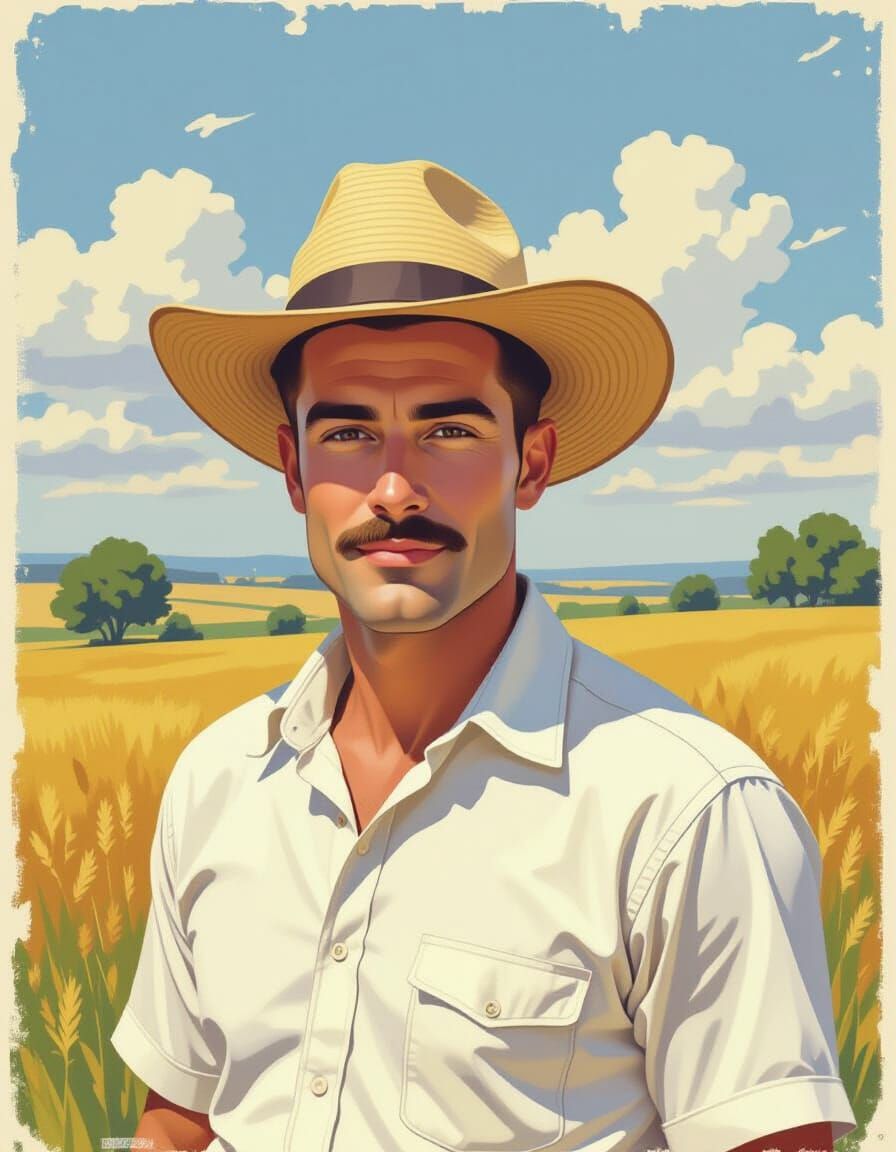 Man in Straw Hat in Picturesque Landscape