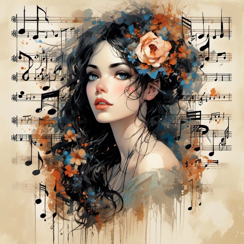 Beautiful Woman with Musical Score Elements