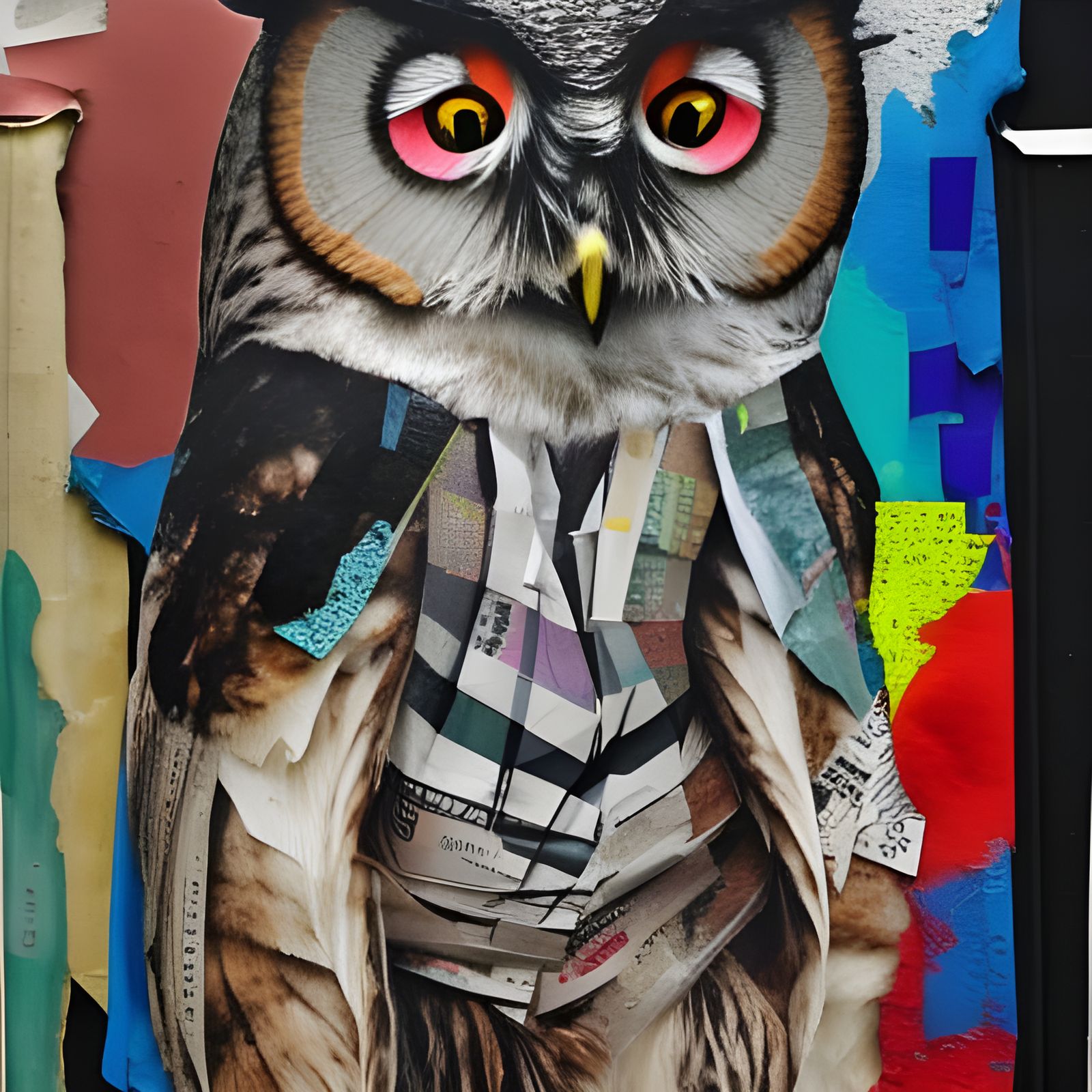 Colorful Collage of Owl and Cat in Street Art Style