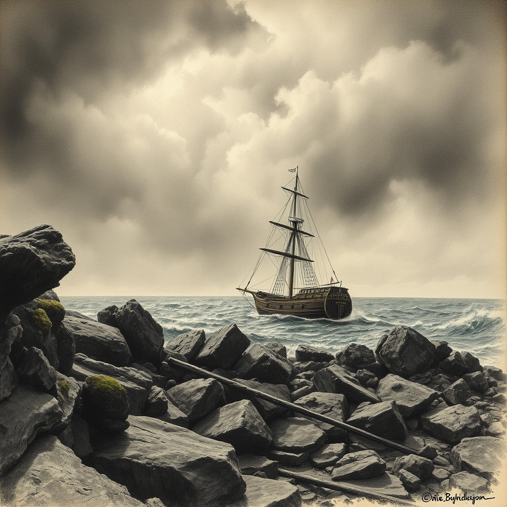 Vintage Ship on Rocky Coast in Charcoal Style