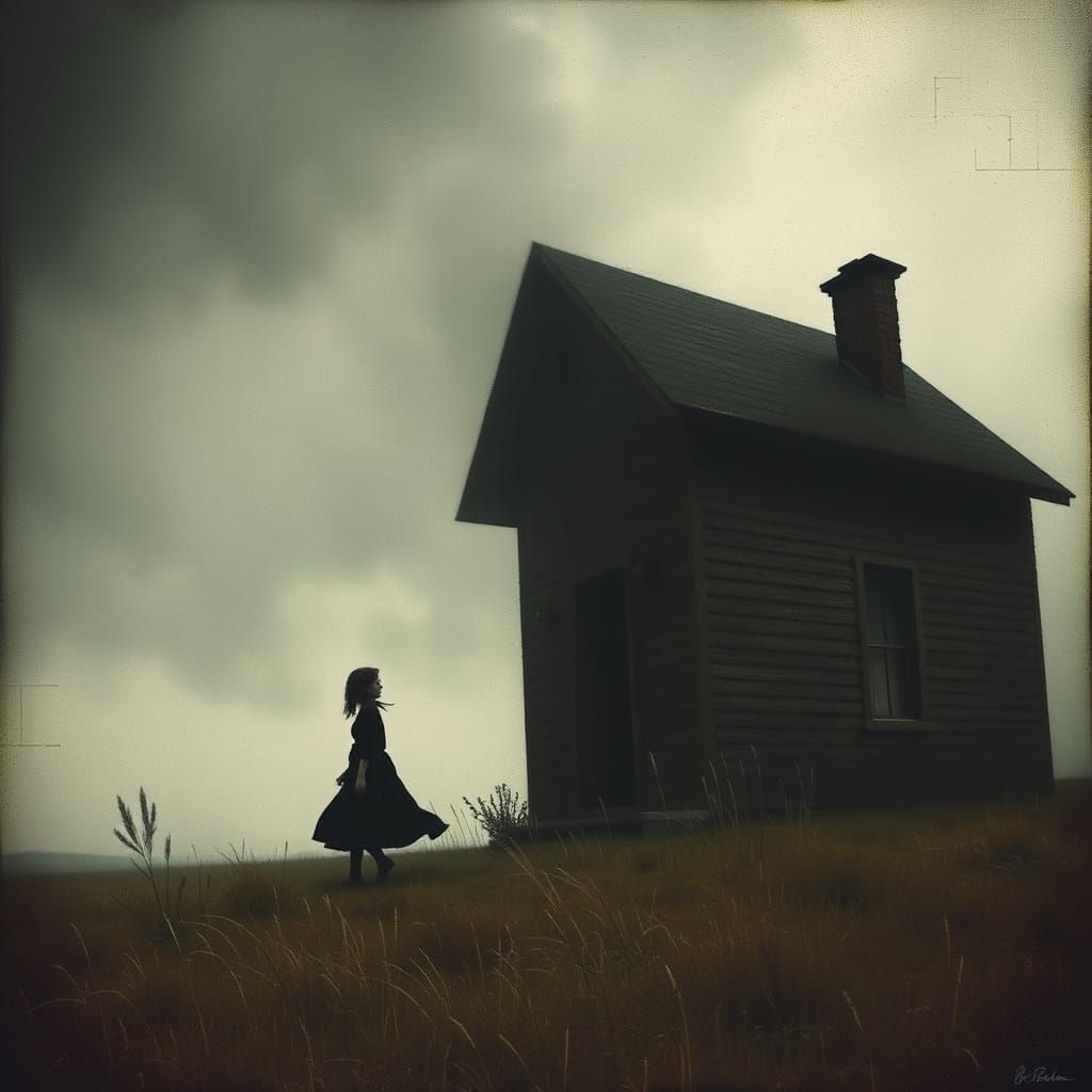 Figure Fleeing House in Surrealist Style