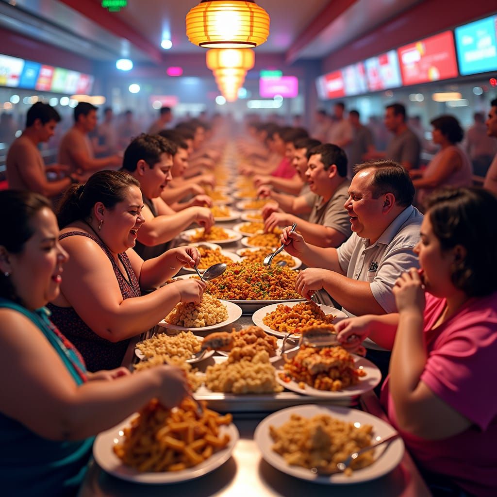 Vibrant, Pop Art style. Medium shot. A chaotic all-you-can-e...