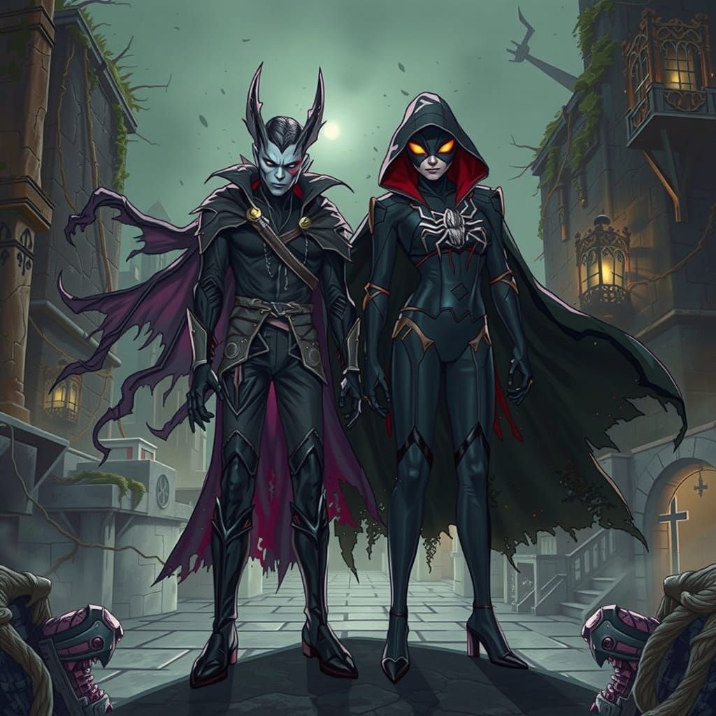 Gothic Vampire Bat and Spider Pair Stand Ready for Combat