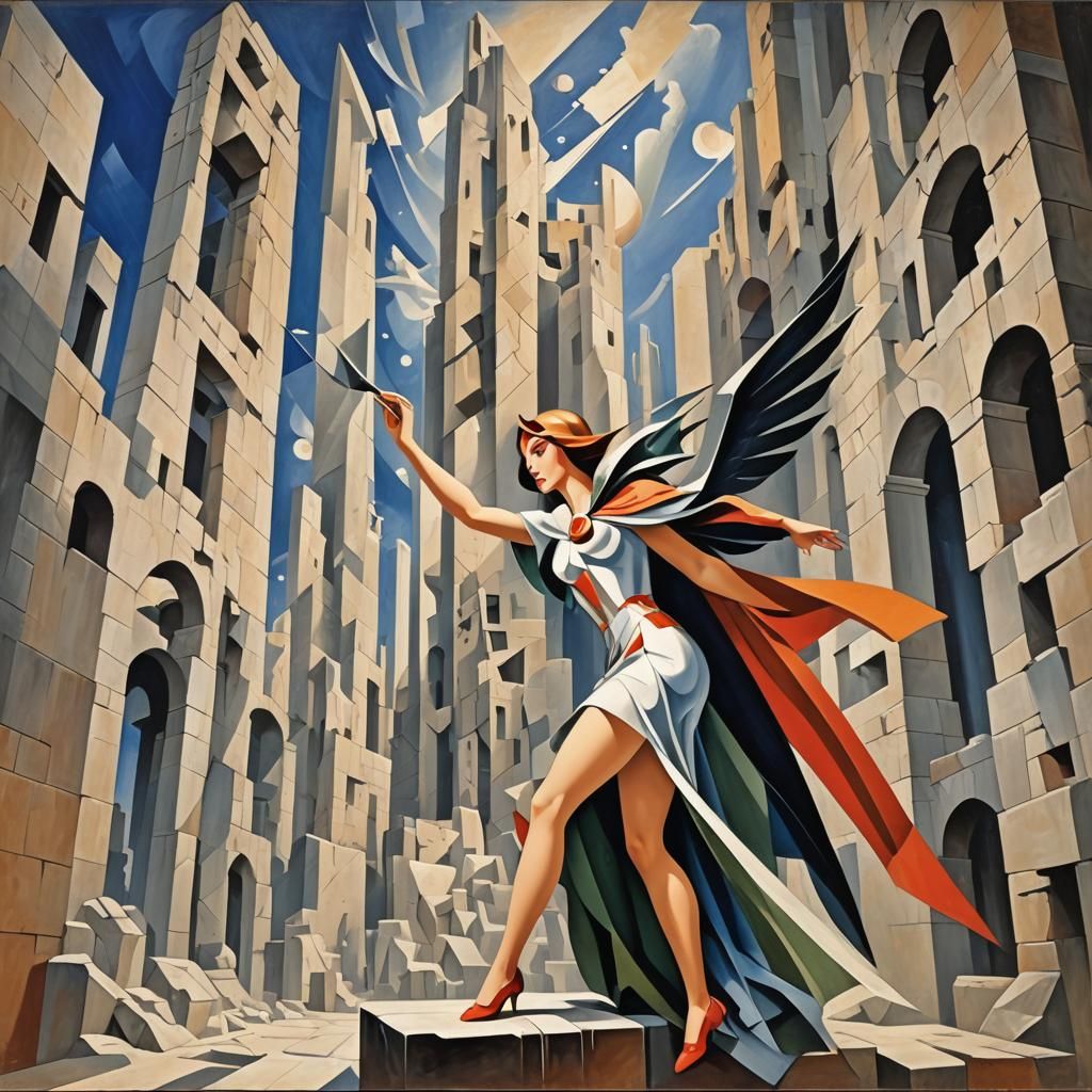 Abstract Valkyrie Over Battlefield in Cubist Style