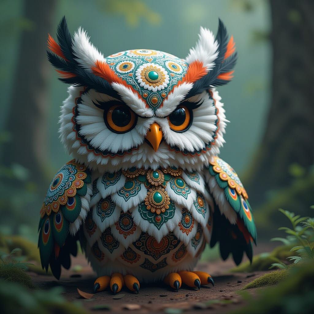 Menacing Gzhel Owl Plush Toy with Indian Motifs