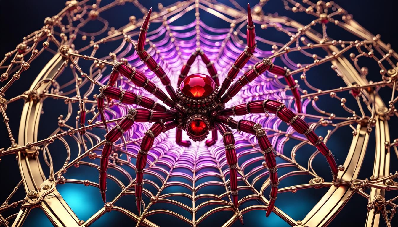 Steampunk Ruby Spider on Fractal Web in 3D