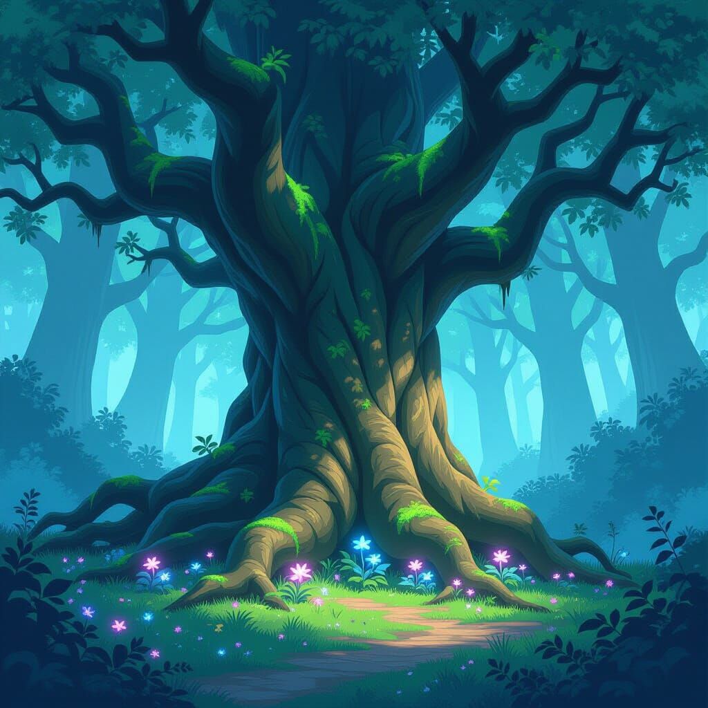 Ancient Tree in Misty Enchanted Forest, Studio Trigger Style