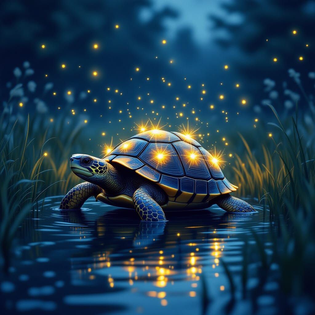 Glowing Firefly Turtle in Dreamlike Meadow