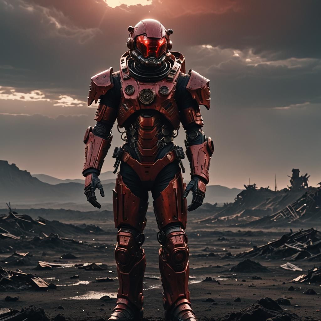Biomechanical Astronaut in Red Armor on Wasteland