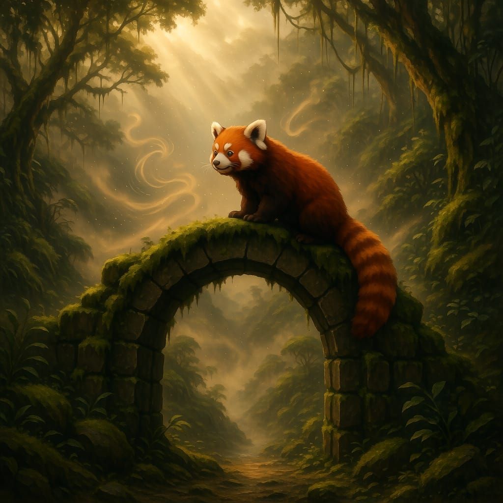 Red Panda on Archway Overlooking Misty Jungle Valley