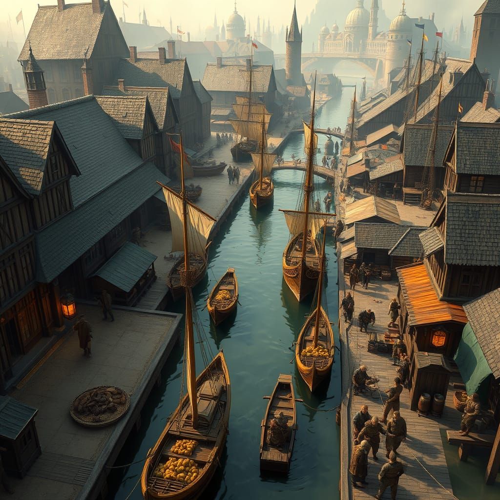 Arthurian City Docks: Ethereal Top-Down Fantasy Art