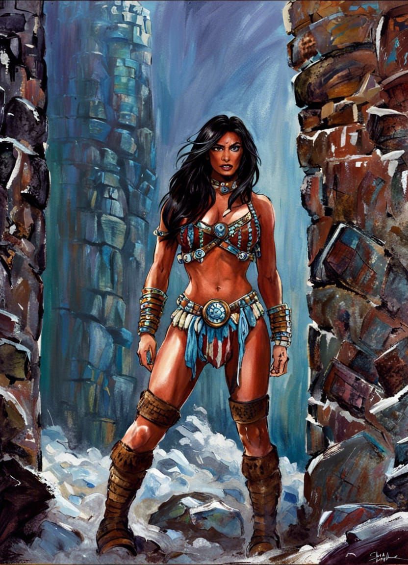 Fierce Barbarian Woman in Arcane Ruins