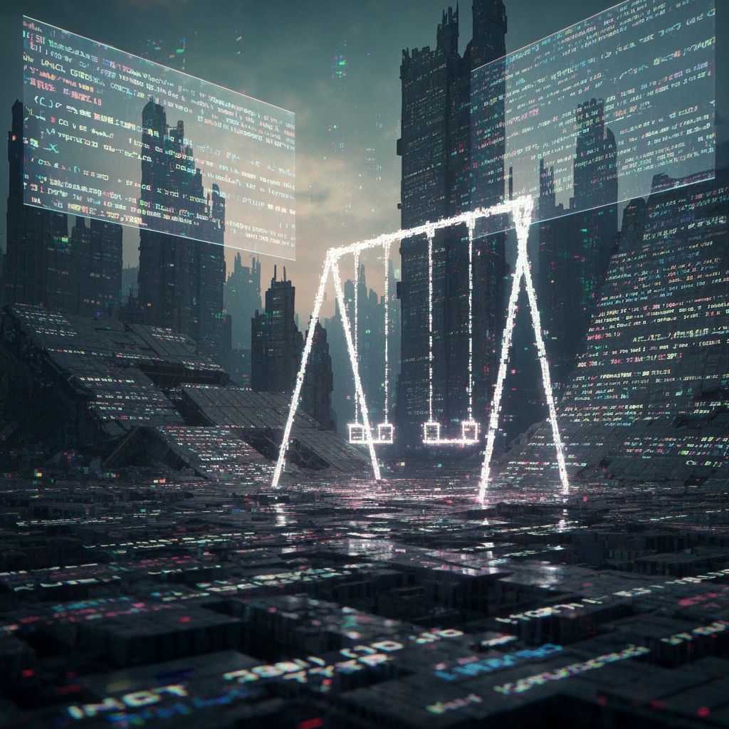Apocalyptic Cityscape of Glitching Code and Light