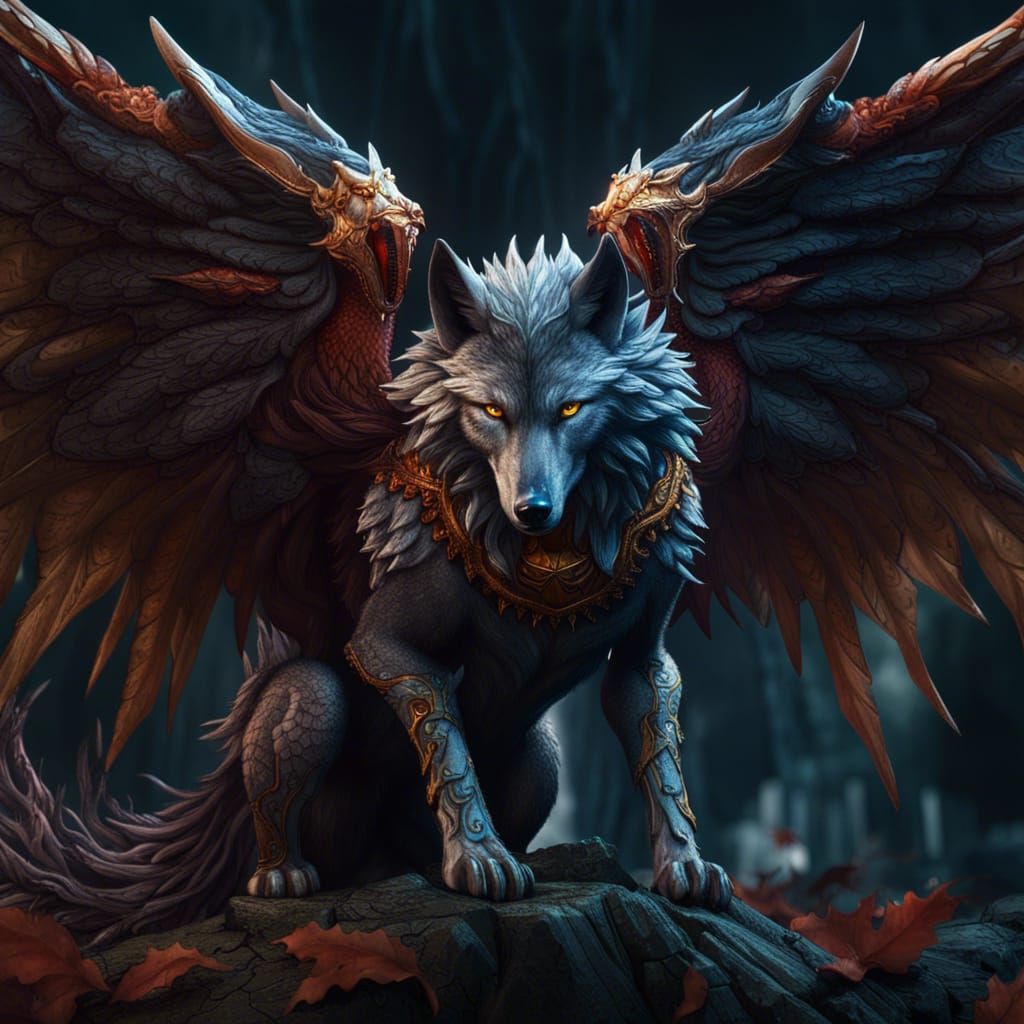 Wolf with Dragon Wings, Detailed Fantasy Art