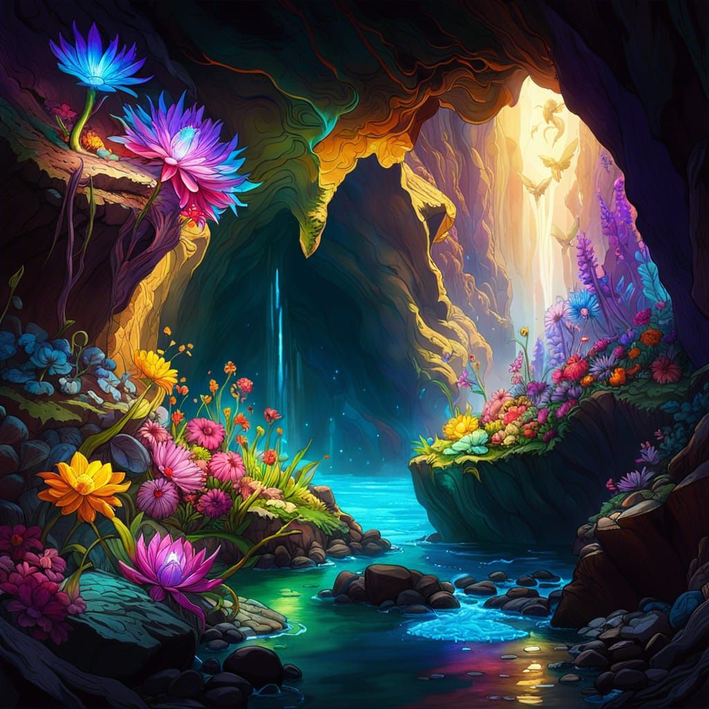 Radiant Flower in Underground Cave, Fantasycore Artwork