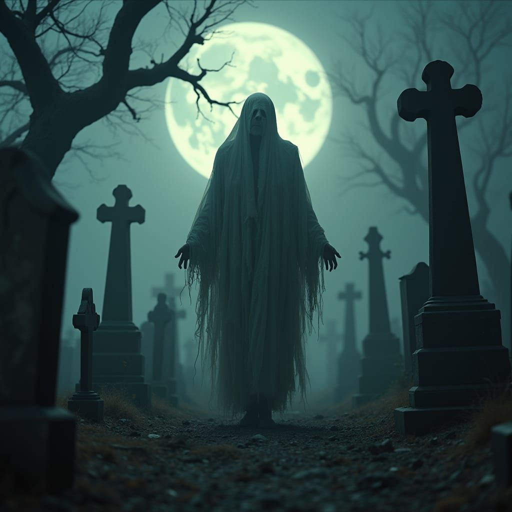 A spectral figure floats through a desolate graveyard, their ethereal form barely visible amidst the tombstones and gnar...