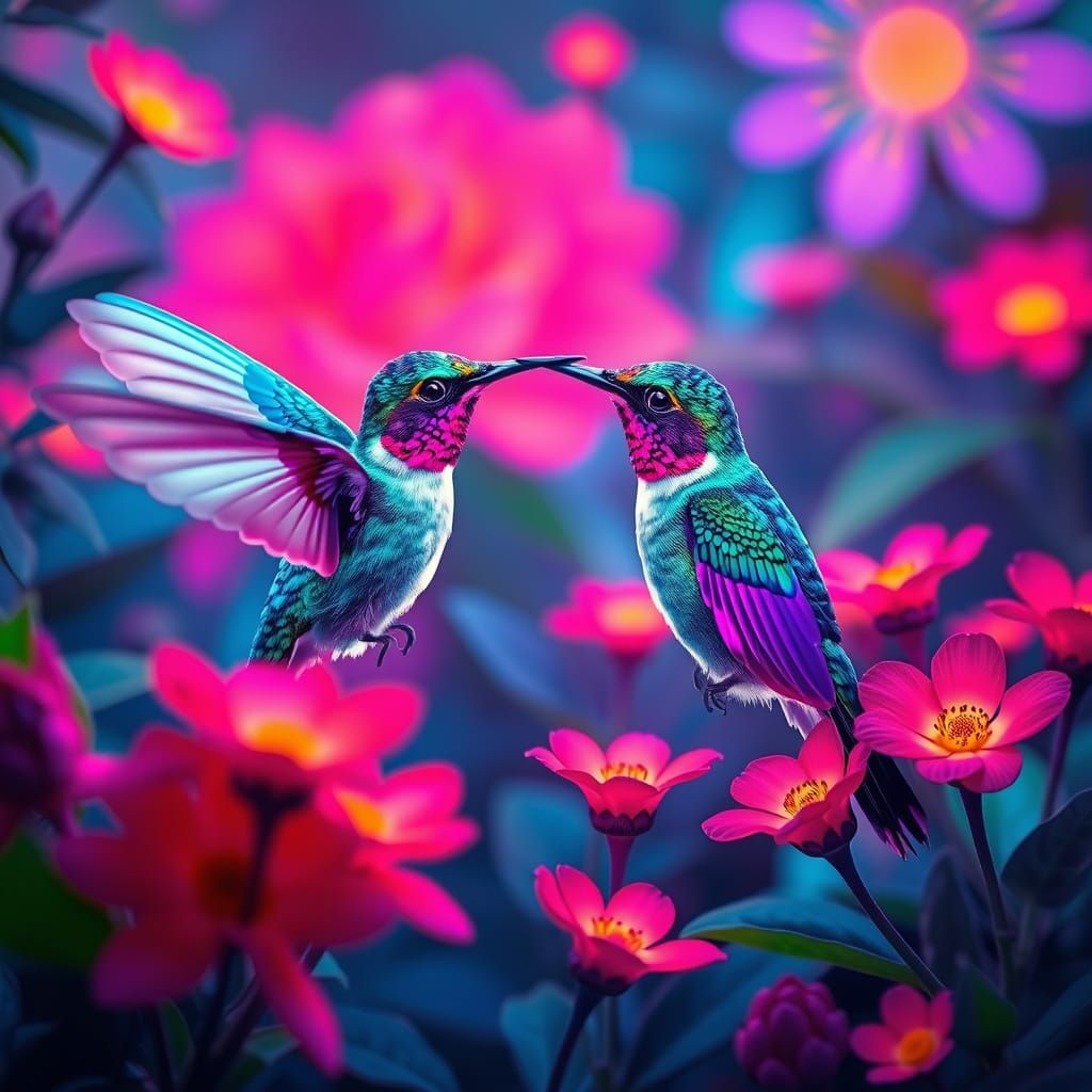 Neon Hummingbirds in a Futuristic Garden