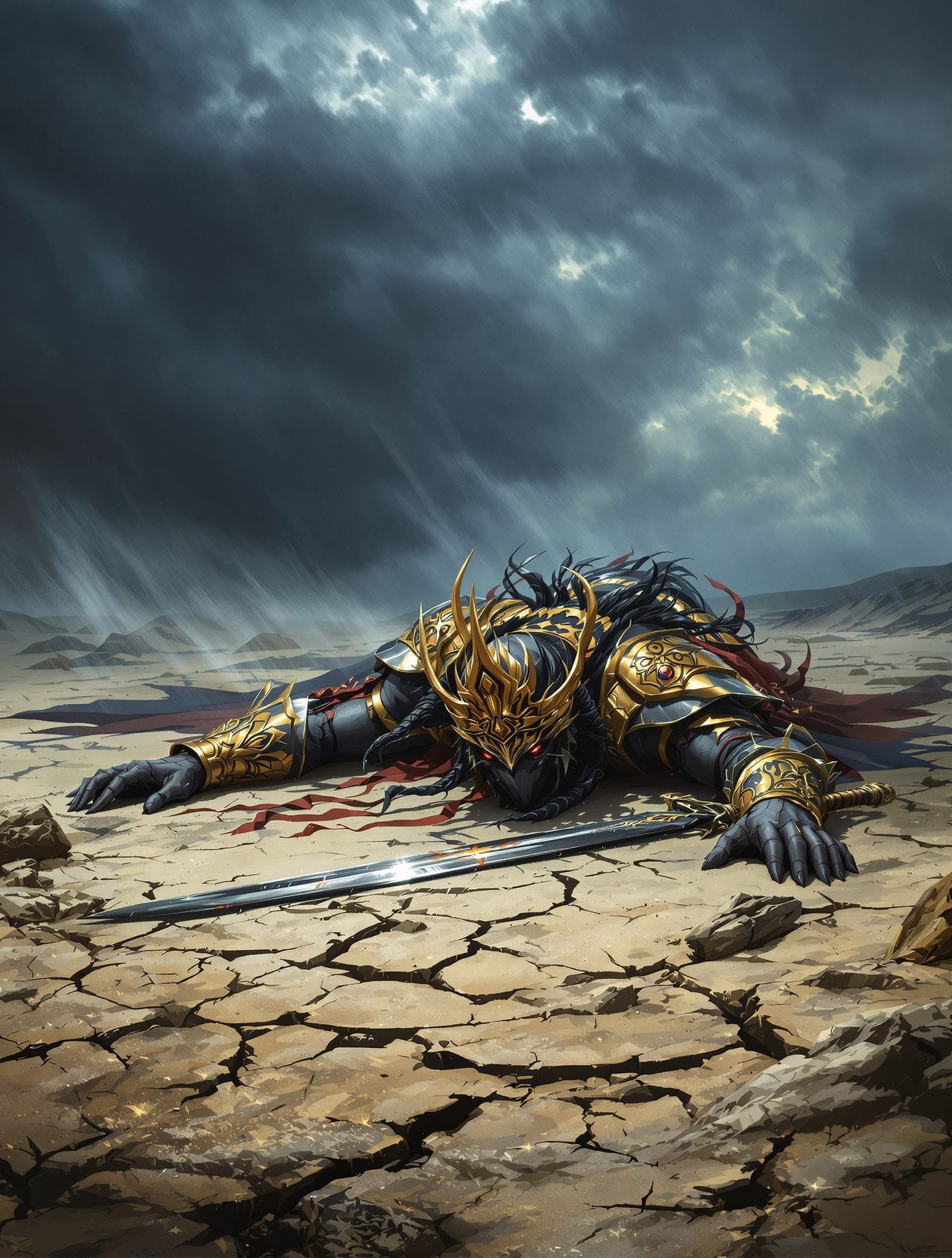 Defeated Jinn King on Stormy Battlefield