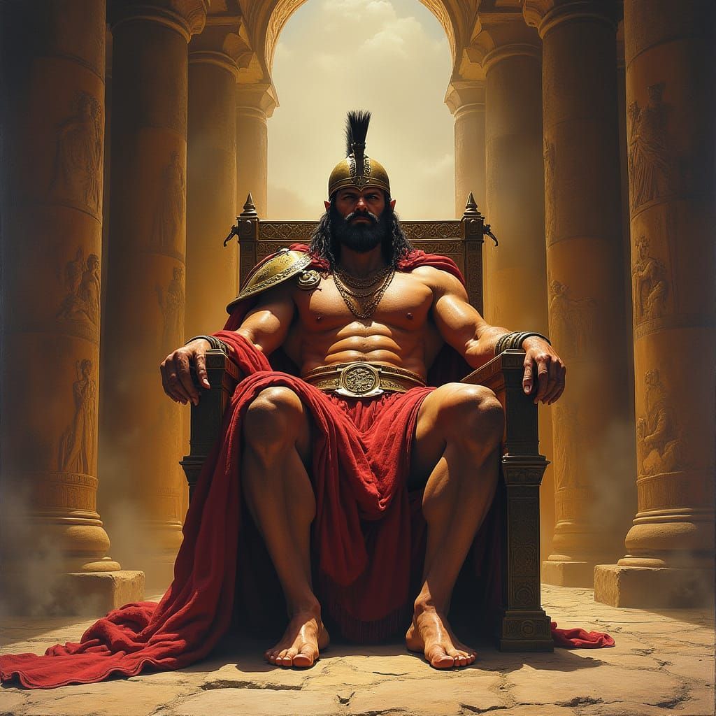 Frank Frazetta Inspired Greek War God Ares on Throne in Anci...