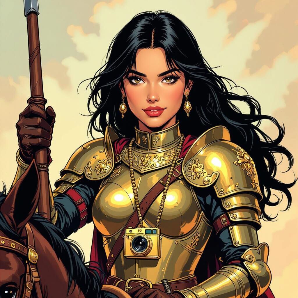 Spanish Conquistador Woman on Horseback in Comic Style