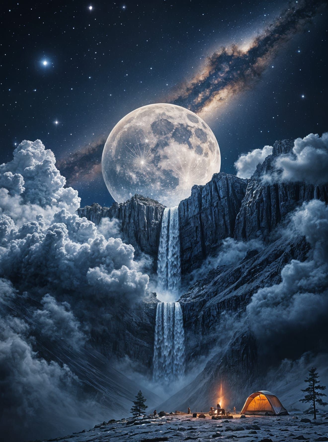 Shimmering Stars and Nebula Behind the Moon