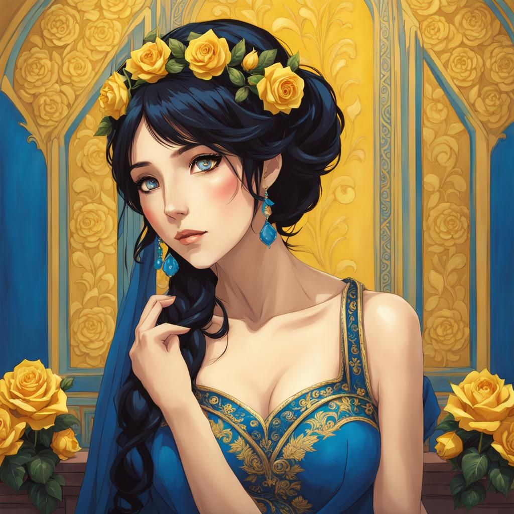 Anime Woman with Rose Crown Before Yellow Wall