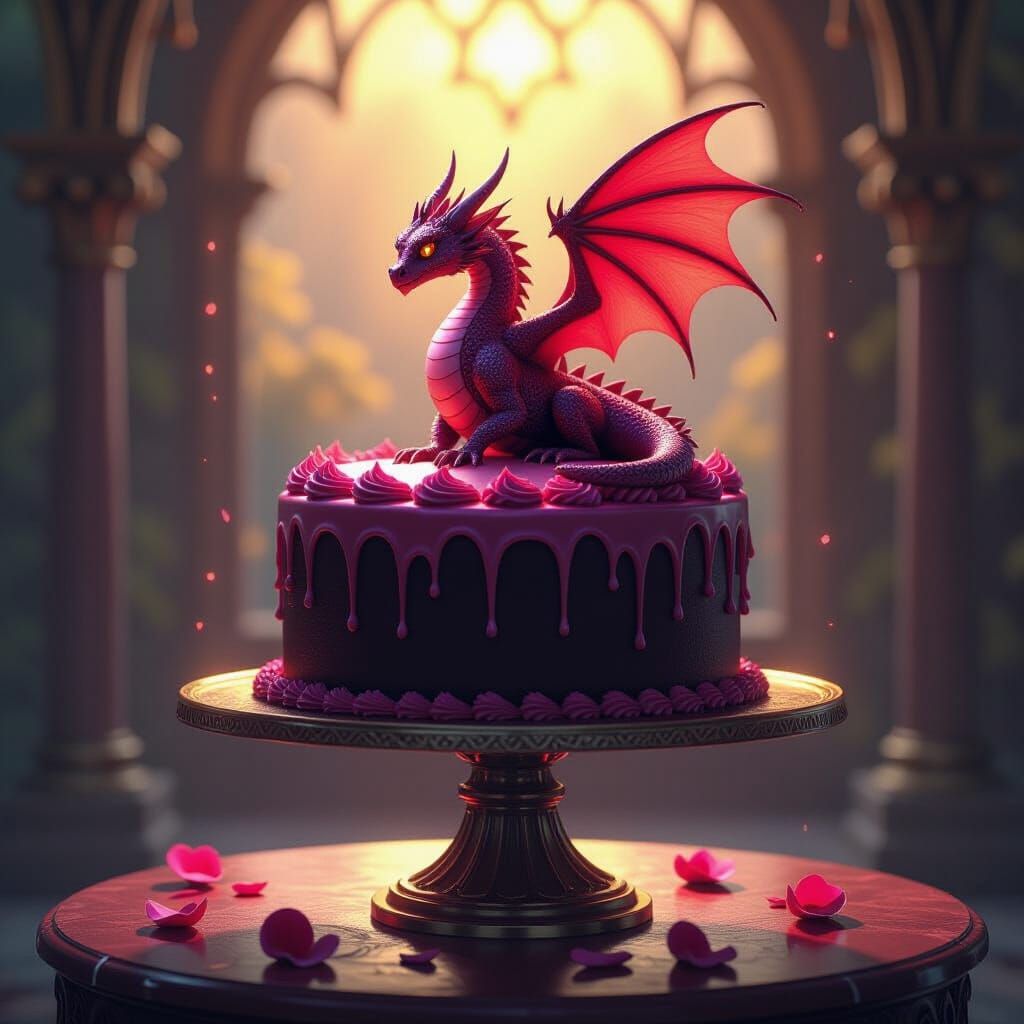 Pink Dragon on Red Cake, Dark Fantasy Art