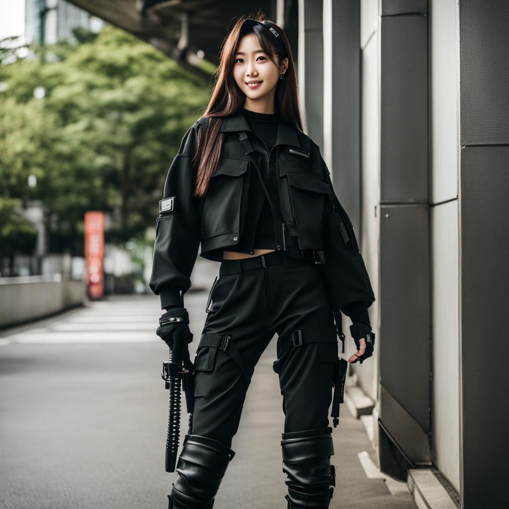 Korean Girl with Katana in Tokyo, Techwear Style