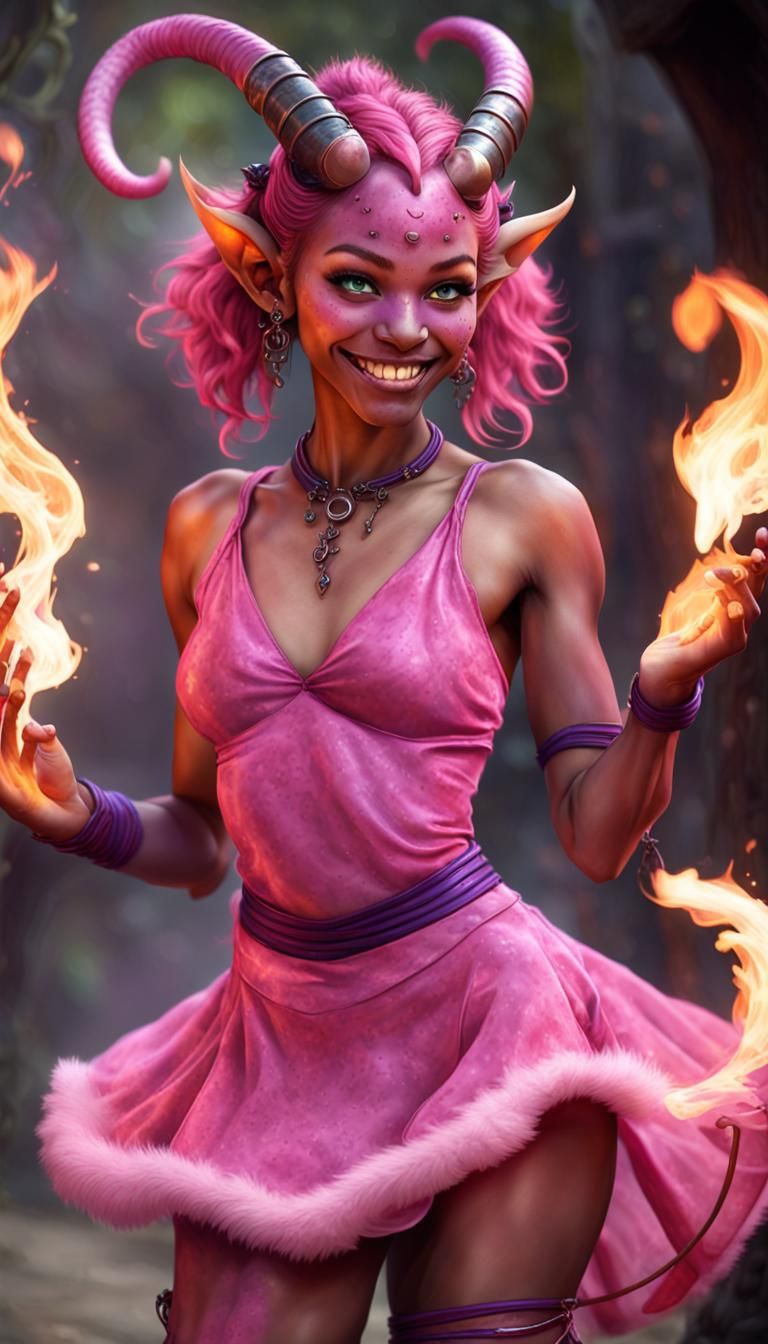 Bubblegum Pink Tiefling Fire Dancer Portrait