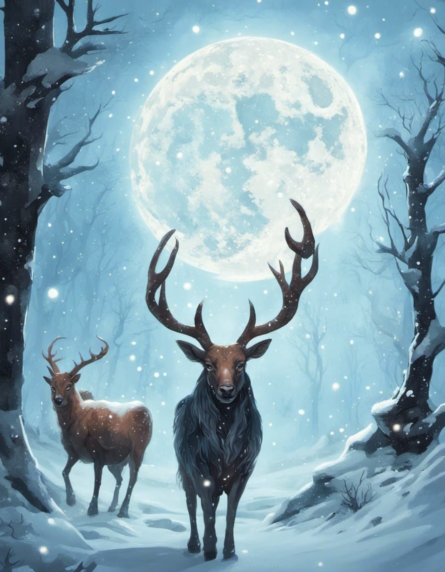 Deer with Magical Horns in Snowy Forest at Night