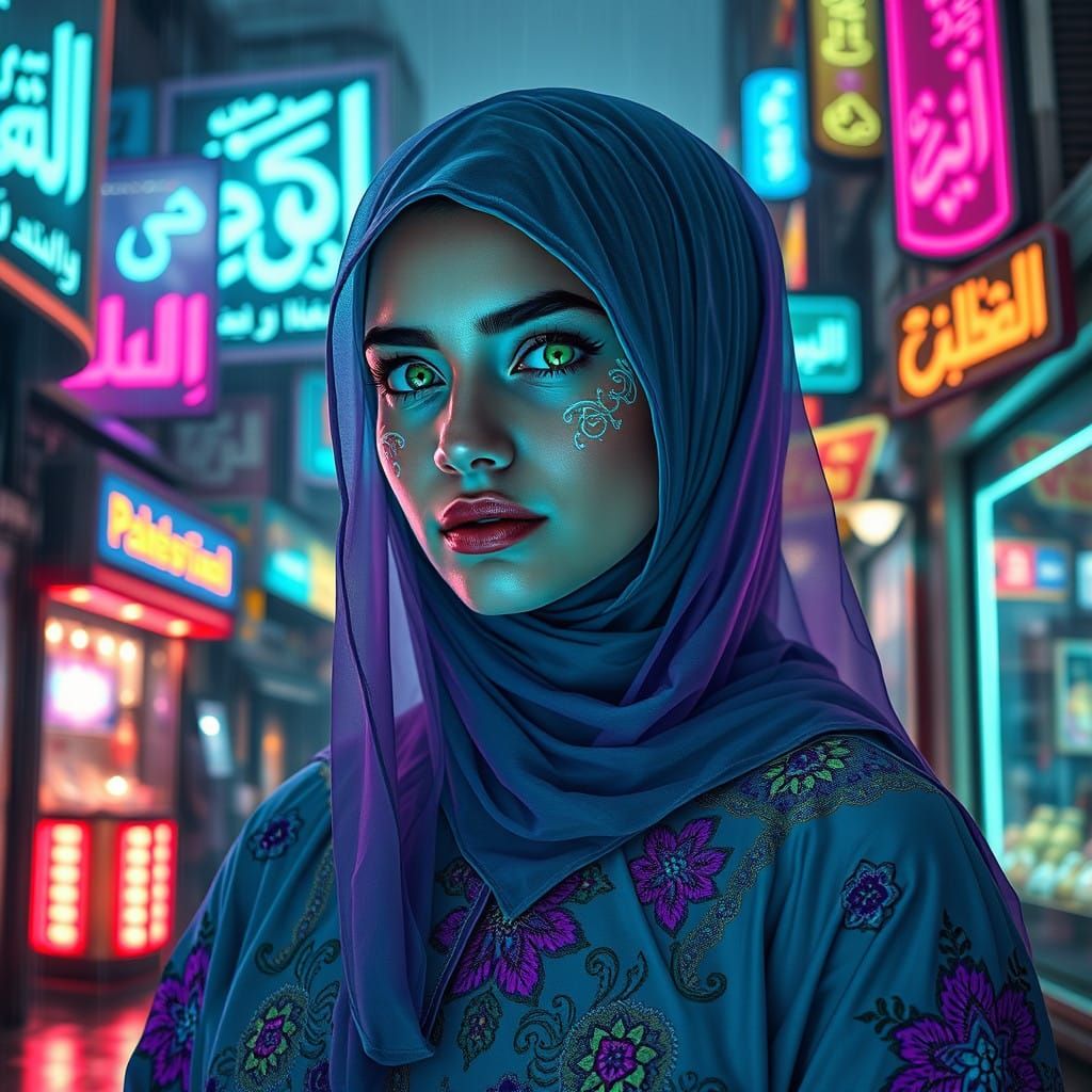 Palestinian Cyberpunk Goddess in Electric Blue and Neon Thre...