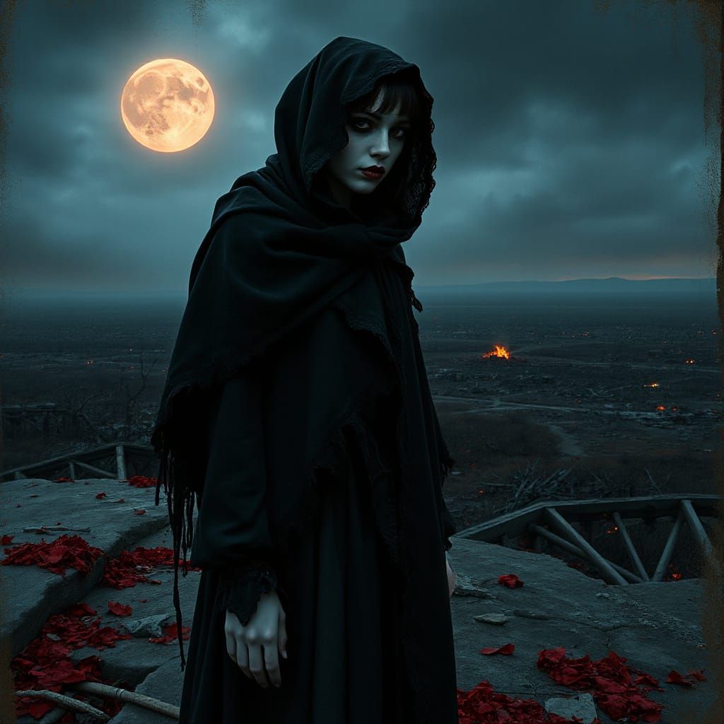 Gothic Victorian Figure Stands at Edge of Desolate Landscape