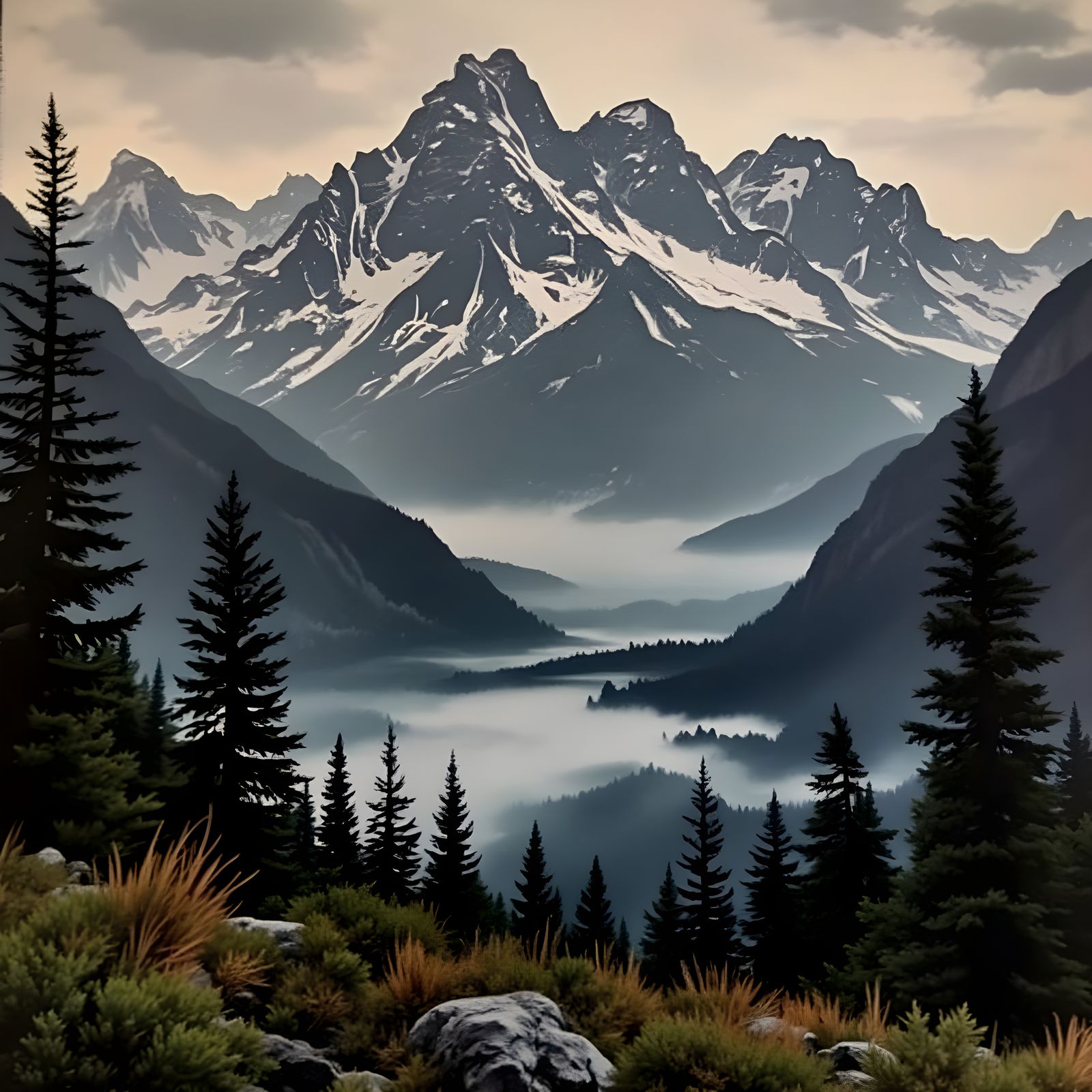 Vast Mountain Landscape in Smoky Haze, Rugged Peaks and Tran...