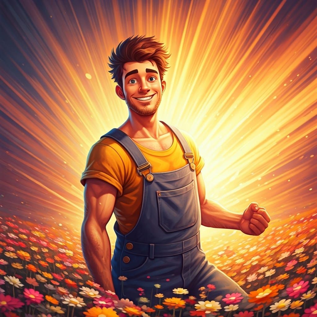 Joyful Farmer in Flower Field, Watercolor Painting