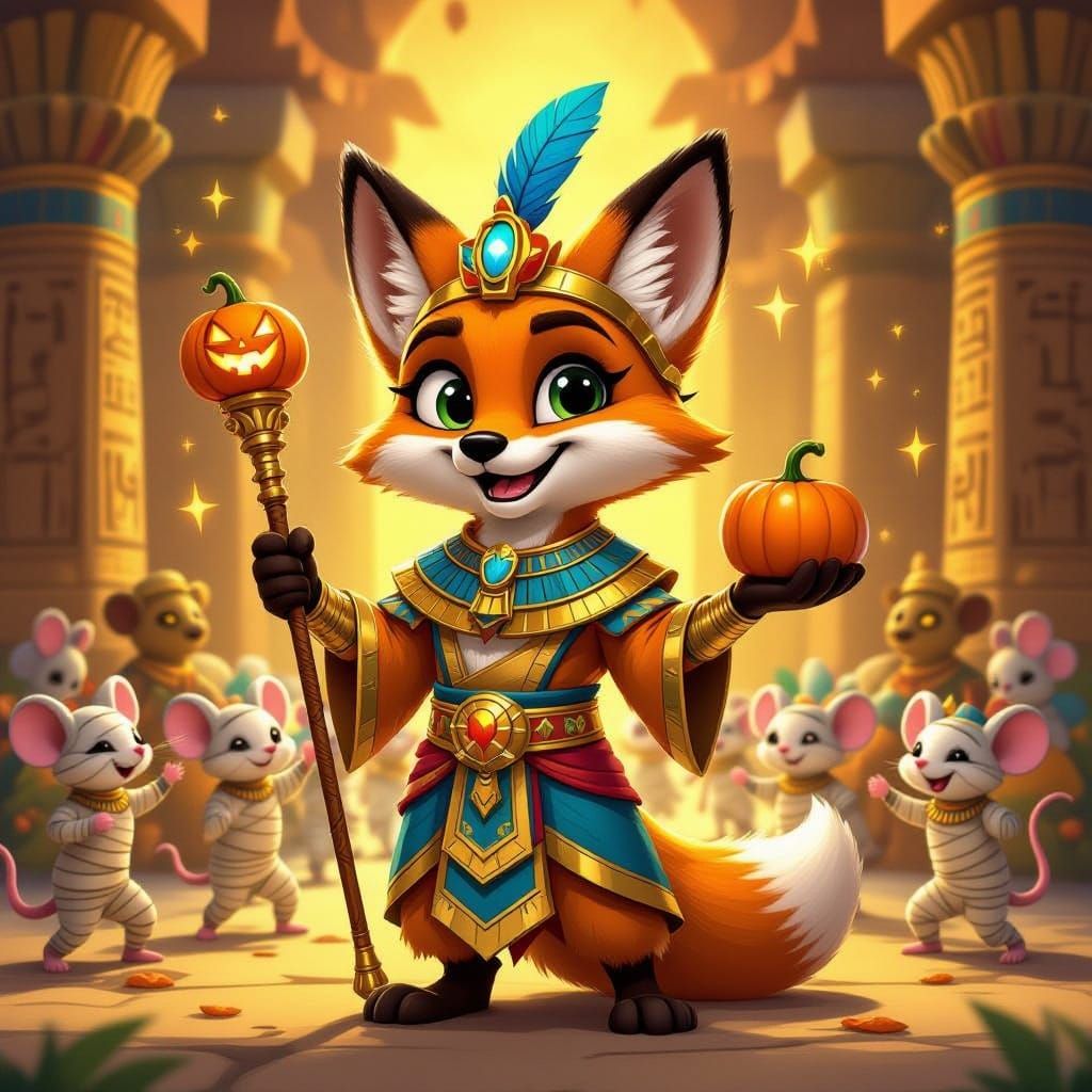 Cartoon Fox Pharaoh with Mummy Mice in Magical Egypt