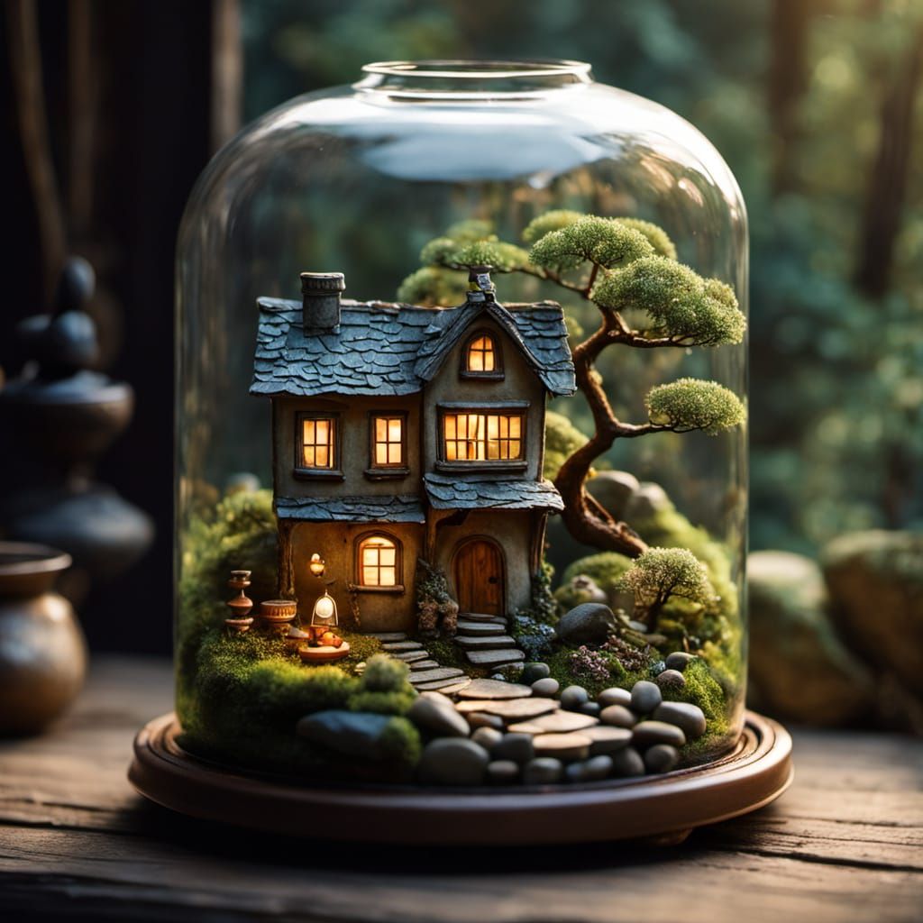 Enchanted Miniature World Inside Glass Bottle in Ghibli Styl...