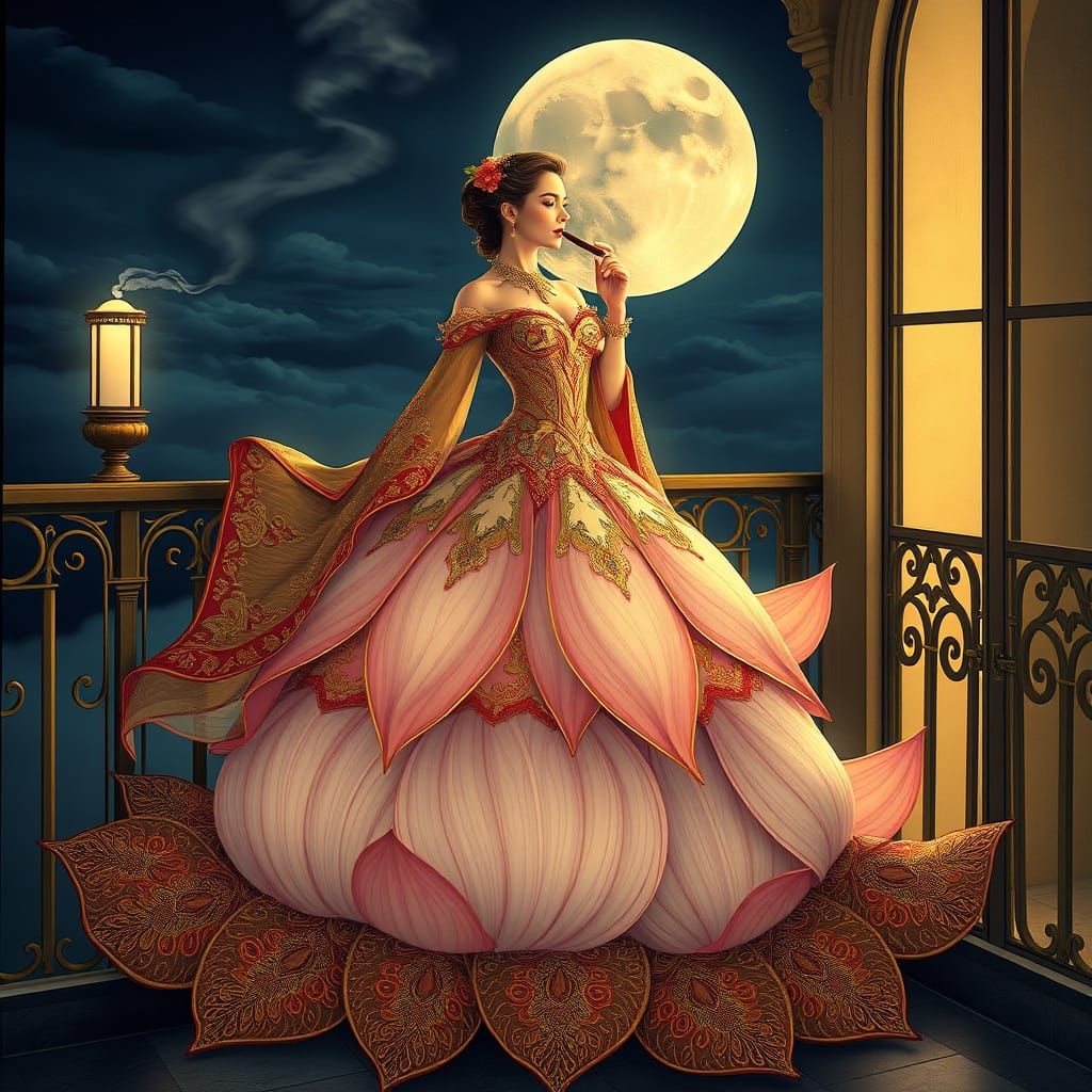 Regal Lotus Goddess Smokes Cigar on Moonlit Balcony