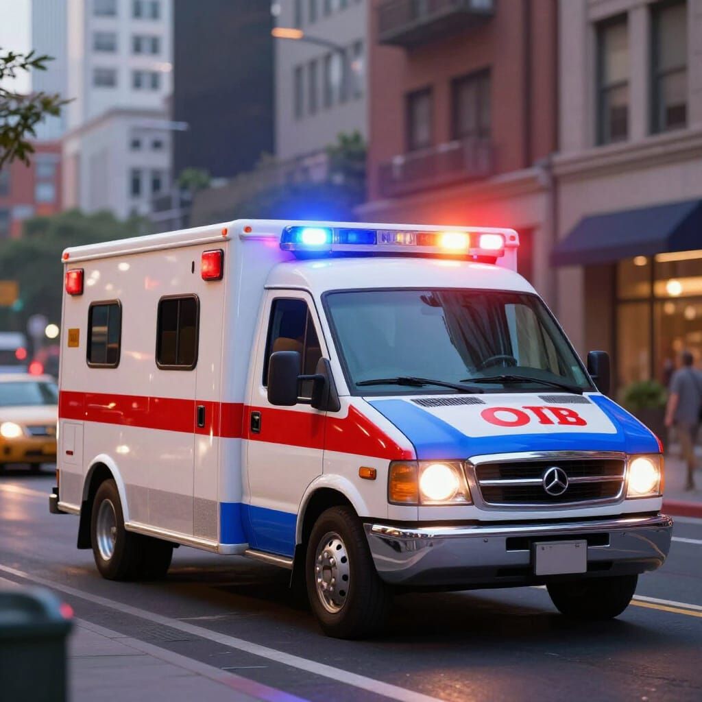 Retro Ambulance with Flashing Lights on City Street