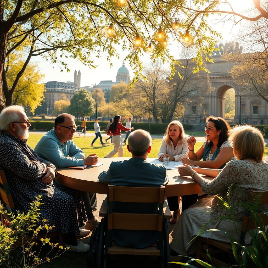 Diverse Group Engages in Passionate Discussion in Berlin Par...