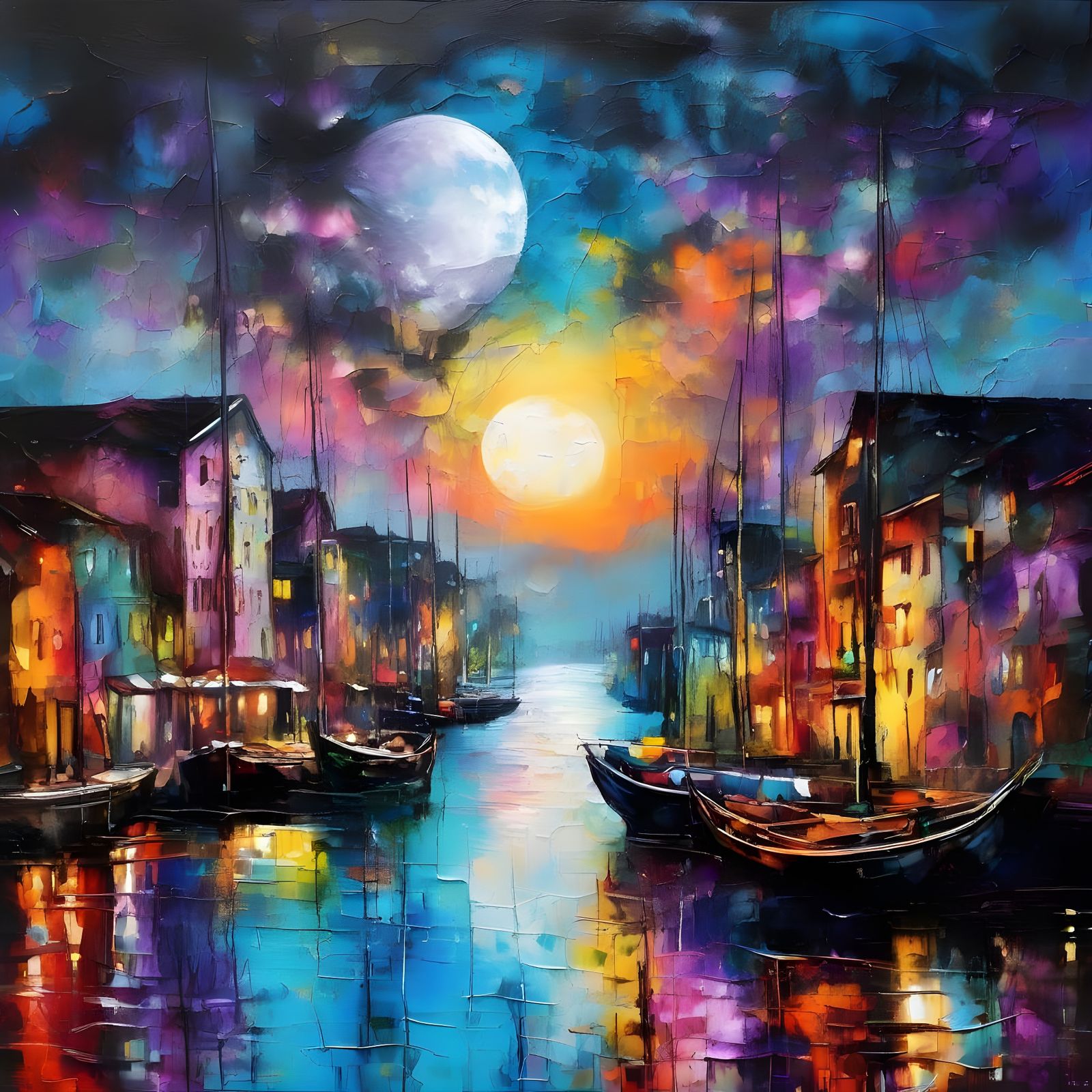 Cosmic Harbor Masterpiece in Vibrant Oil Paint
