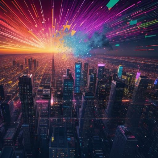 Energetic Skyscraper Party at Sunset in Digital Art