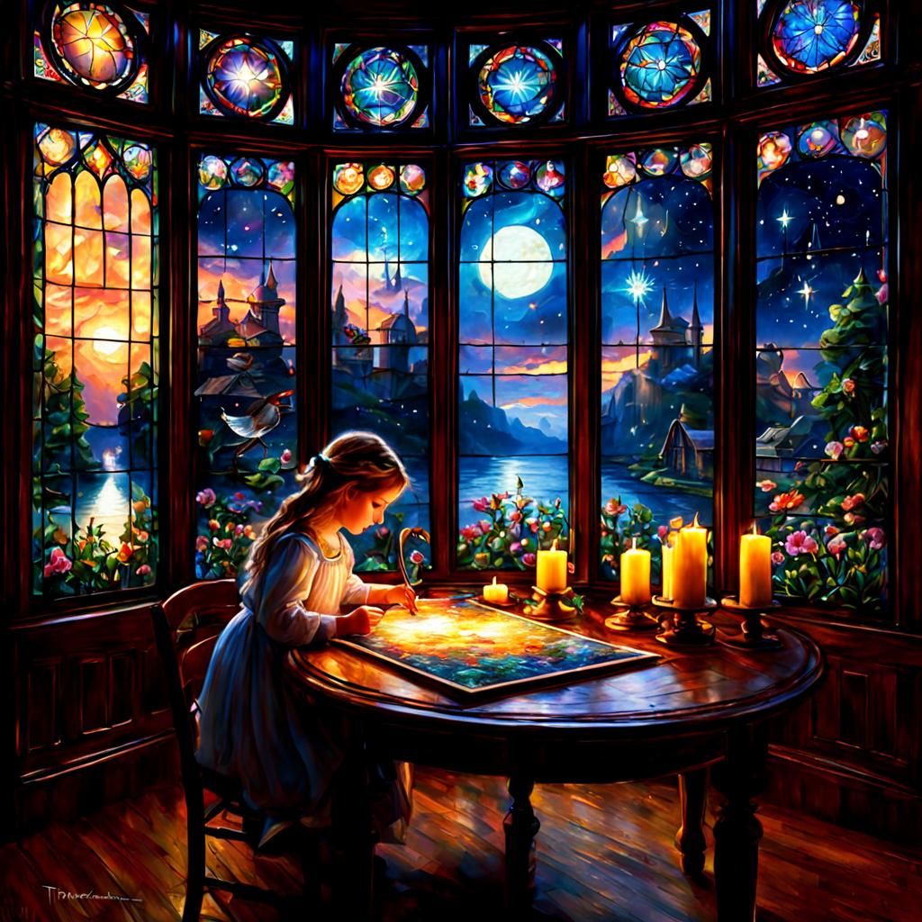 Little Girl Designs Stained Glass in Ethereal Fantasy Style