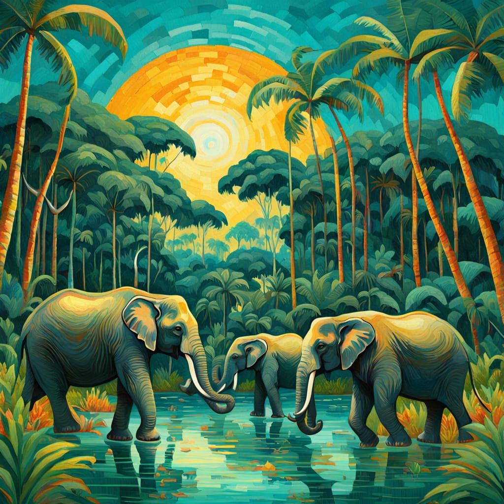 Elephants on Tropical Island in Post-Impressionist Style