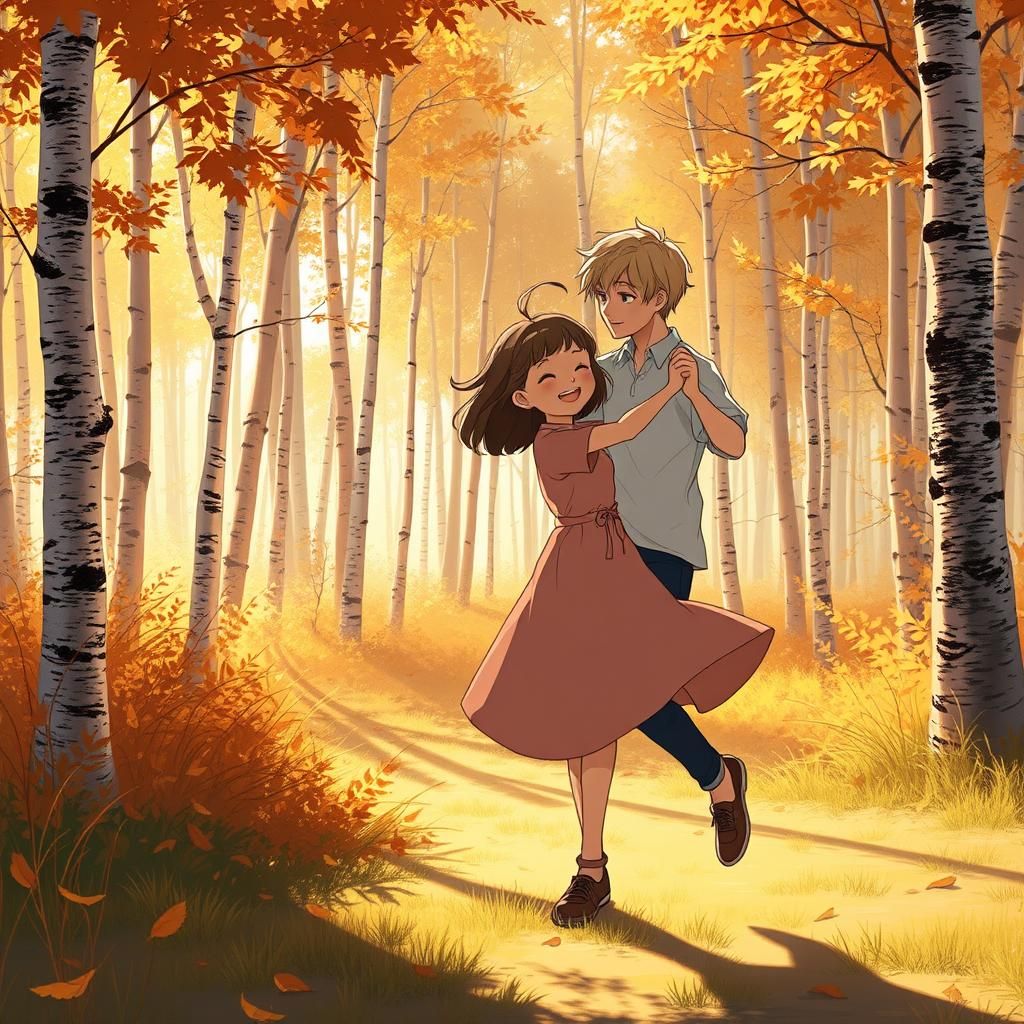 Couple Dancing in Autumn Birch Forest, Anime Style