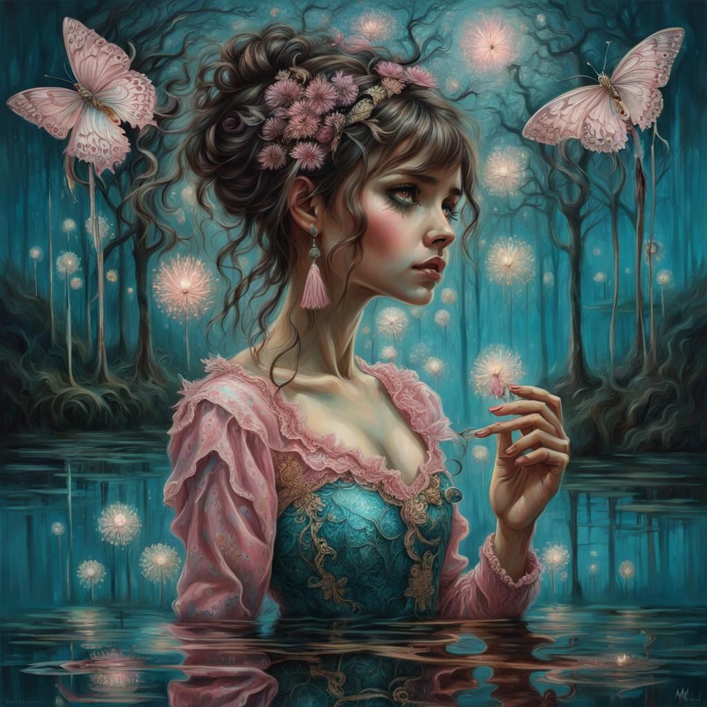 Bioluminescent Harlequin Girl in Mirrored Reflection