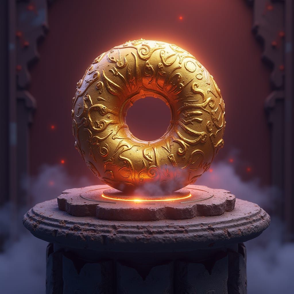 Ornate Golden Donut Ticket on Ancient Pedestal