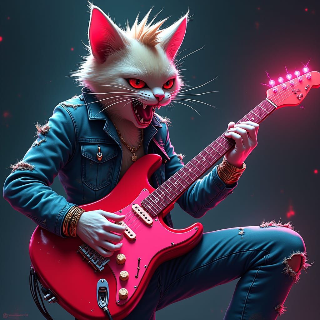 Punk Cat Shreds Guitar in Neon Urban Scene